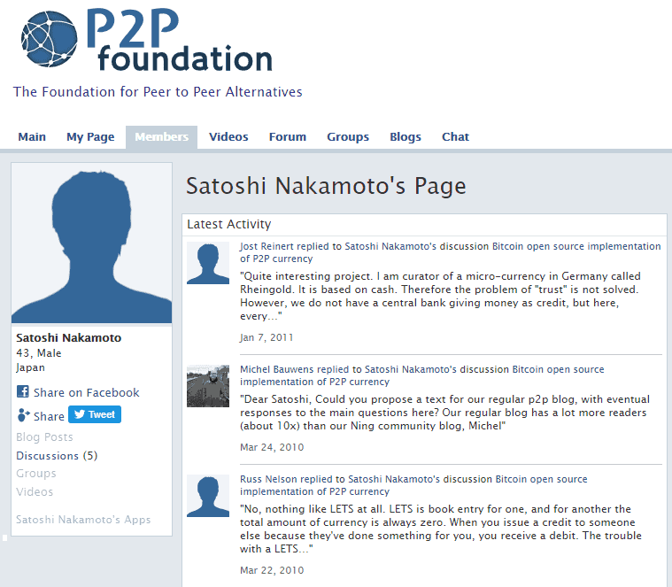Satoshi Nakamoto en la P2P Foundation