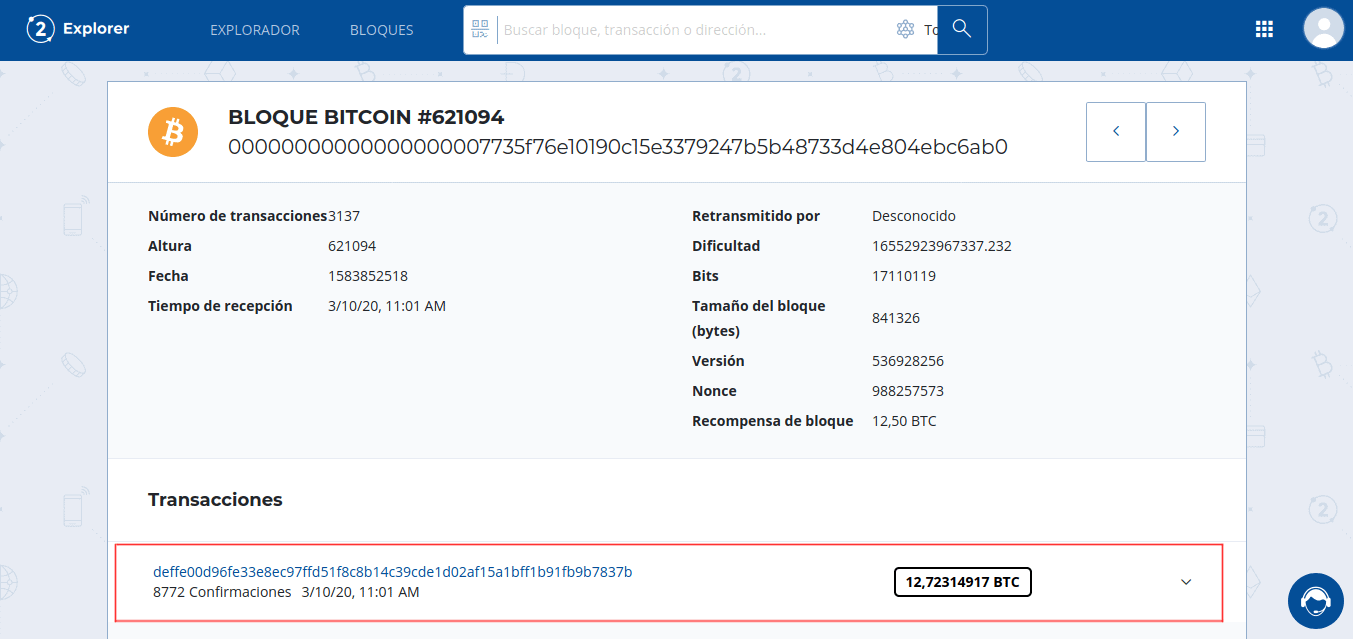 Transacción Coinbase dentro de un bloque de Bitcoin