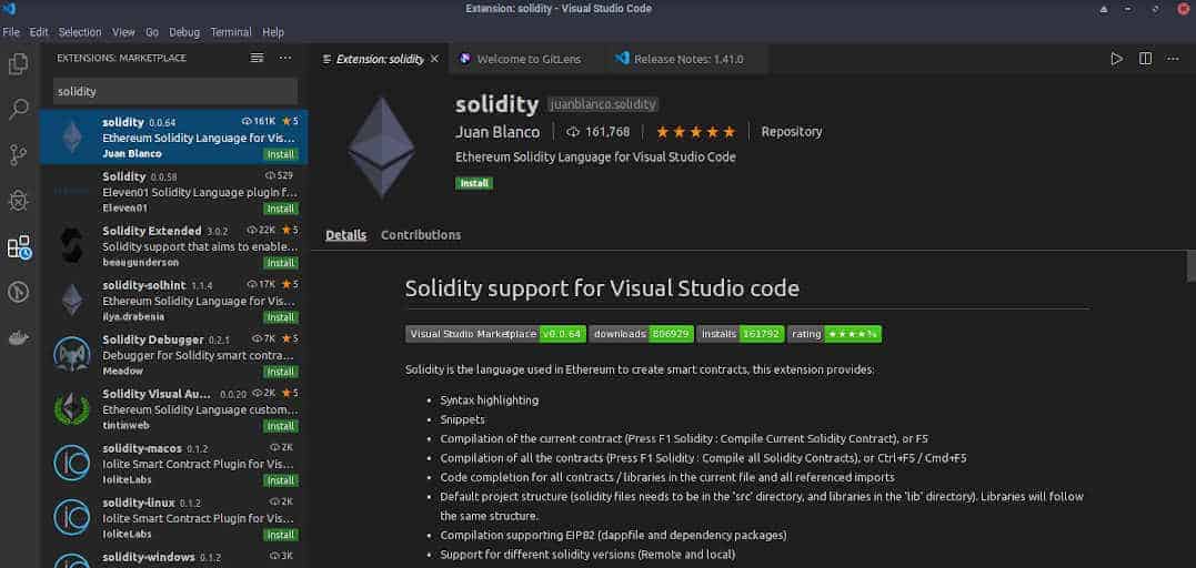 Visual Studio Code mostrando el plugin de Solidity