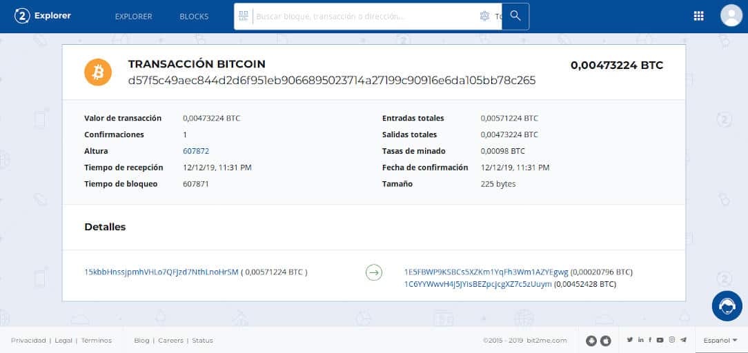 Transacción bitcoin mostrando una dirección de cambio