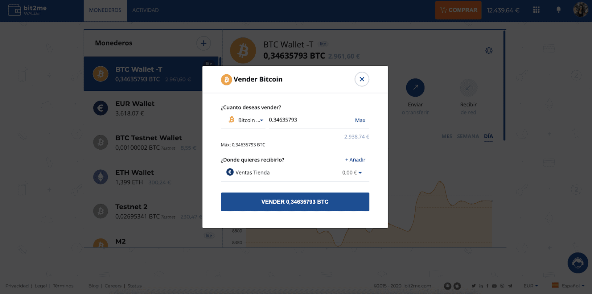 Bit2Me Wallet vendiendo bitcoins