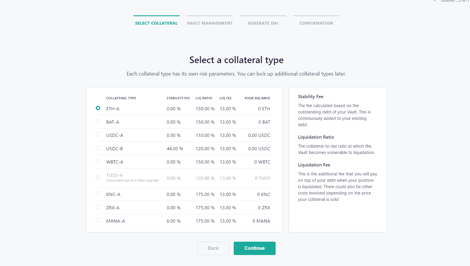 Seleccionando colateral para crear DAI