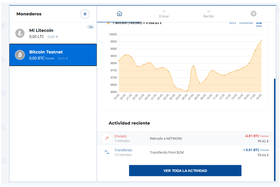 Actividades recientes de la Bit2Me Wallet