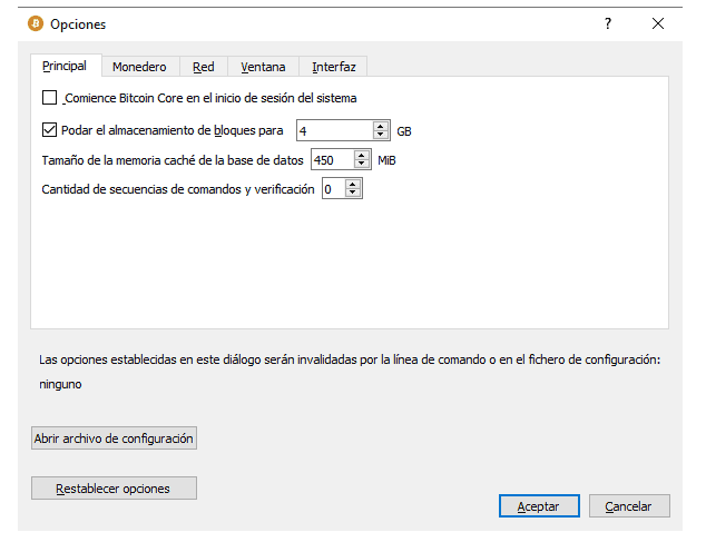 Pantalla de configuración de Bitcoin Core