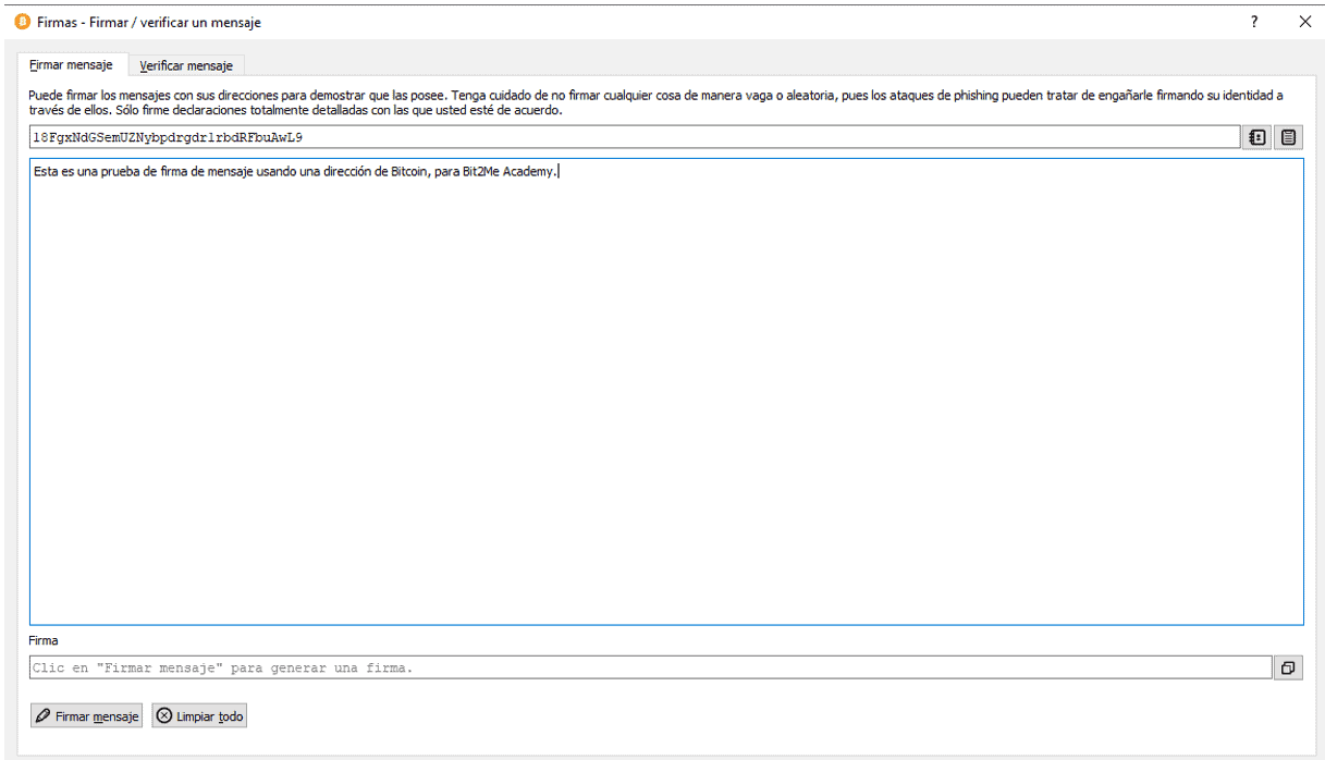 Mensaje a firmar en Bitcoin Core