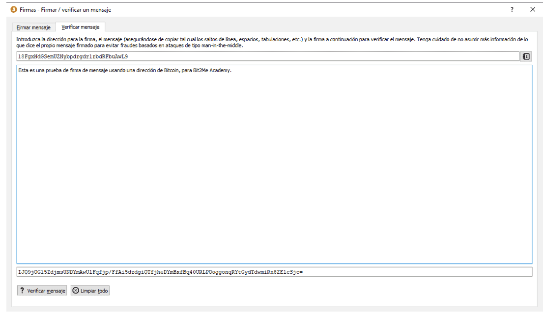 Verificando mensaje en Bitcoin Core