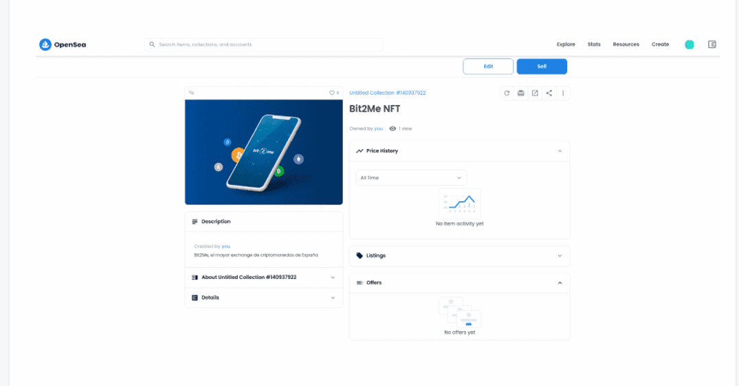 Bit2Me NFT creado en OpenSea