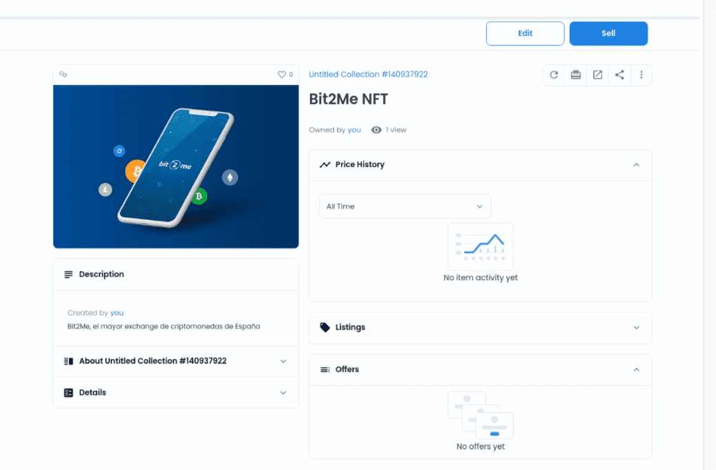 Vendiendo el NFT de Bit2Me