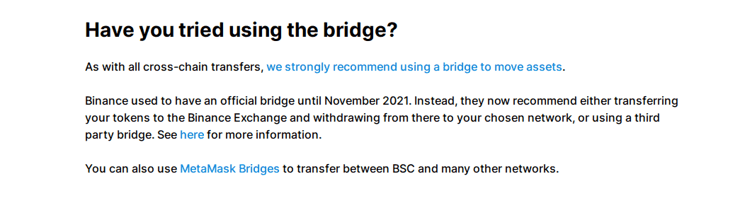 MetaMask recomienda algunos pasos a seguir a la hora de realizar operaciones de bridge con la cadena BSC