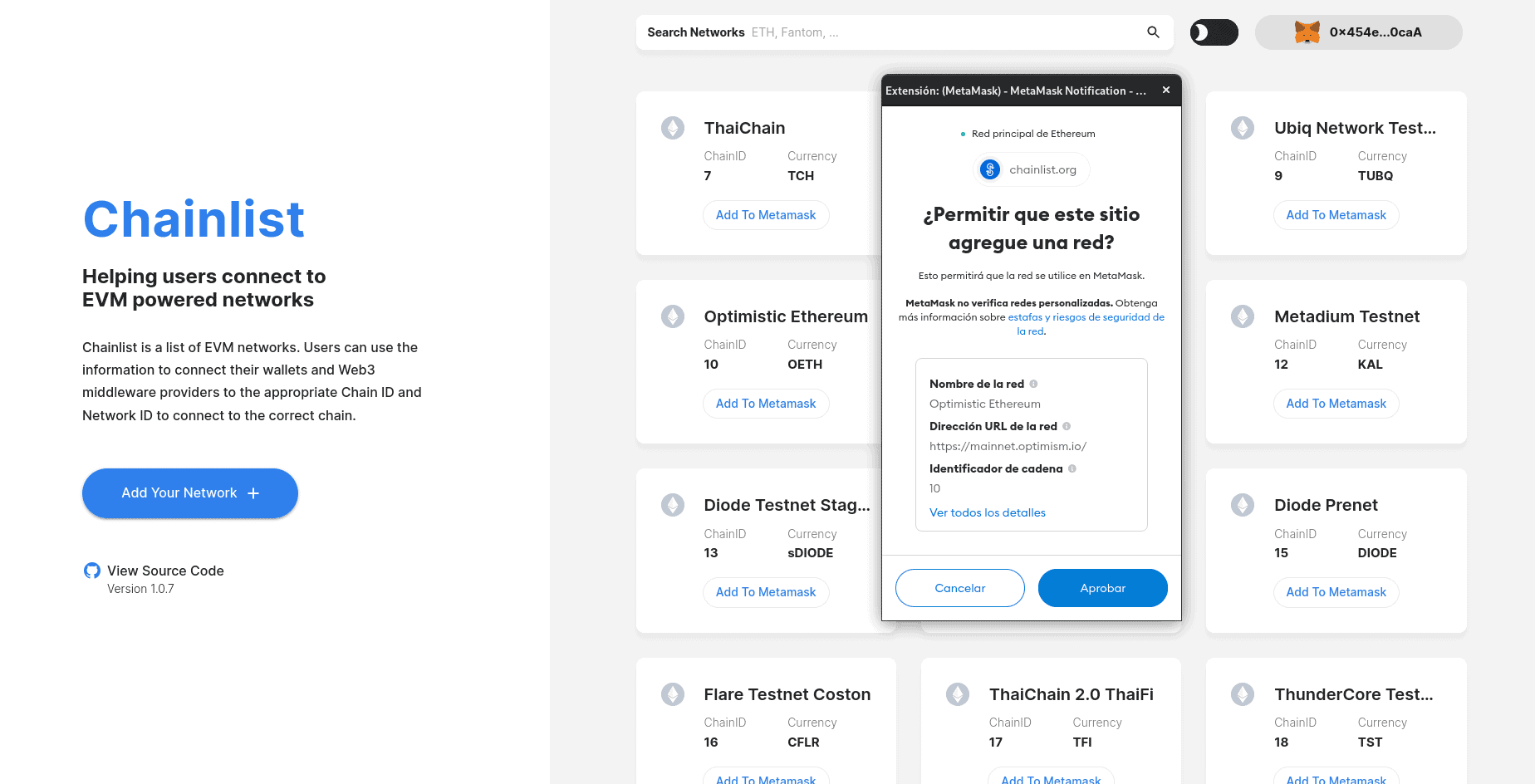 Conectándonos a una Layer2 en Ethereum usando Chainlist