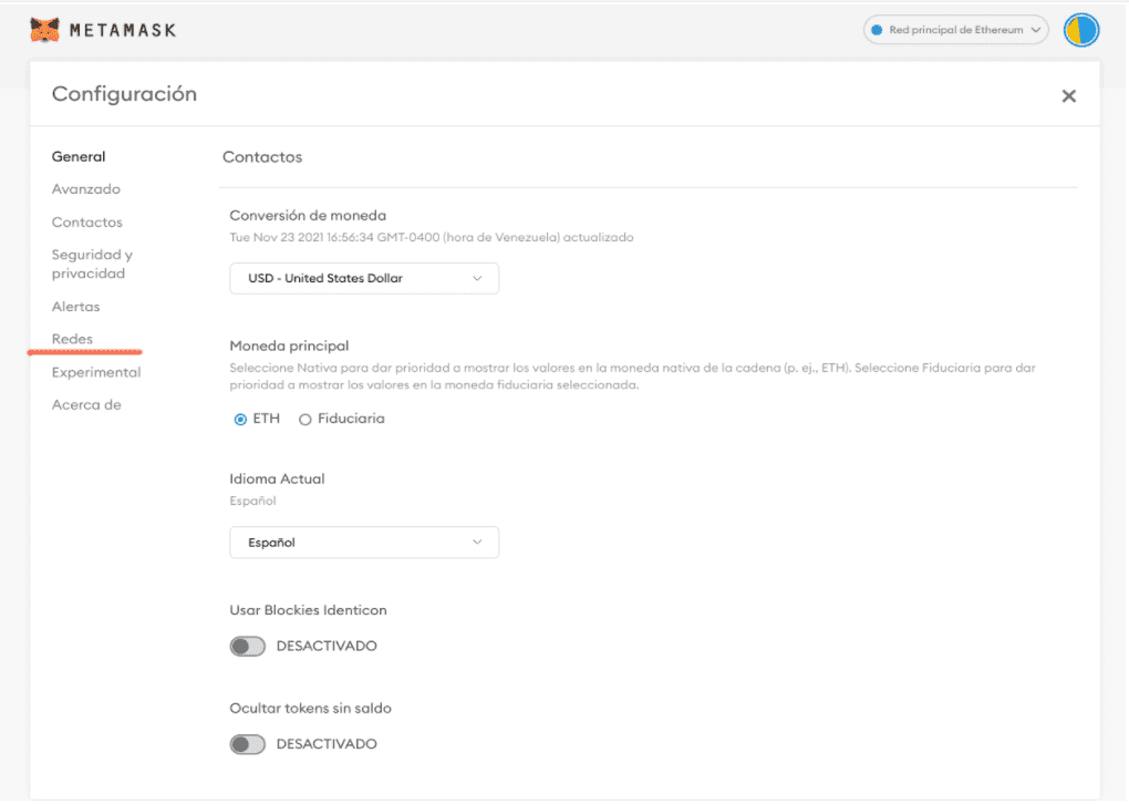 Conectando MetaMask a Polygon - Panel de configuración