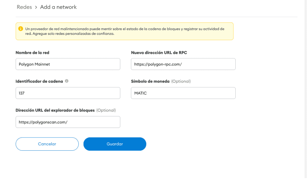 Conectando MetaMask a Polygon - Datos de la red Polygon