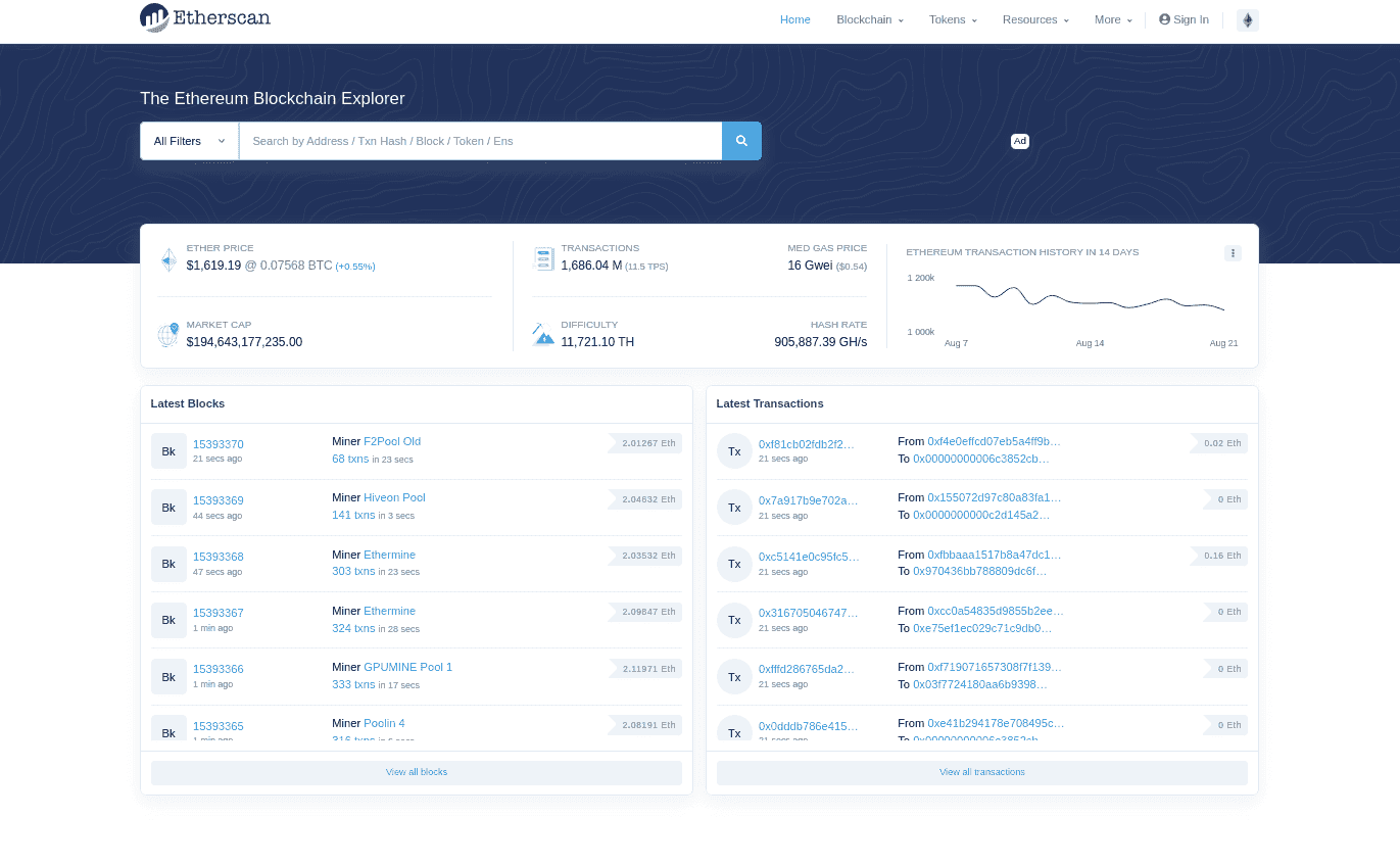 Etherscan y su web principal