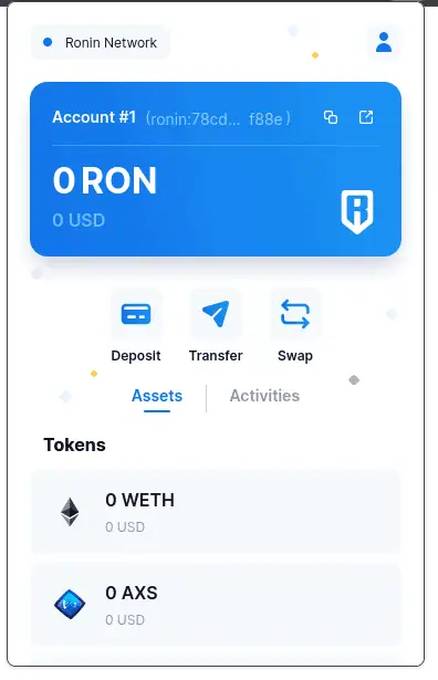 Usando nuestra Ronin Wallet Usar la Ronin Wallet es bastante parecido a usar MetaMask, ya que este monedero nos permite interactuar con las DApps diseñadas por Sky Mavis dentro de la Ronin Chain. Al abrir nuestro monedero podemos ver rápidamente nuestro saldo en token RON (el token nativo de la Ronin Chain), así como algunos tokens soportados por la Ronin Wallet. Entre estos tenemos WETH, AXS, SLP, USDC del lado de los token RCC-20 (equivalente a los tokens ERC-20 de Ethereum) y NFTs como los Axies, LAND o Charm del juego Axie Infinity (bajo el estándar RCC-721, equivalente al ERC-721 de Ethereum). Además, también podemos ver las opciones para depositar, transferir e intercambiar tokens usando nuestro monedero, lo que coloca todas las funciones básicas de nuestro monedero Ronin.