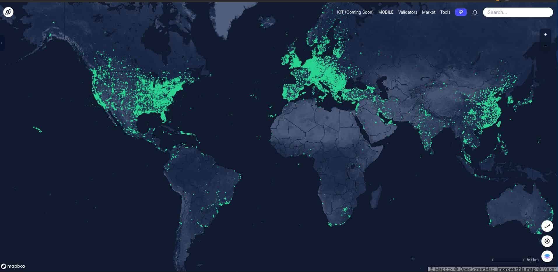 Mapa que muestra los nodos activos dando cobertura actualmente en la red.