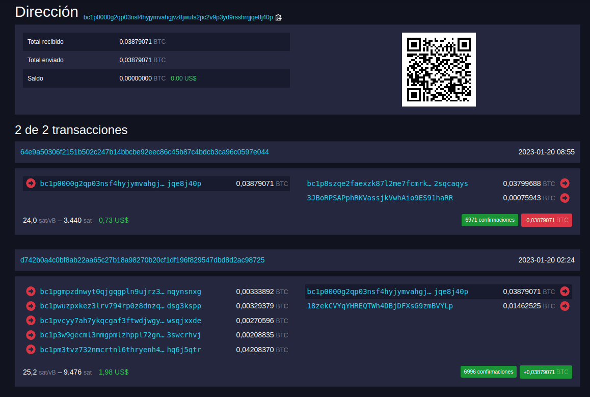 Una dirección Taproot con varios operaciones ya dentro de Bitcoin