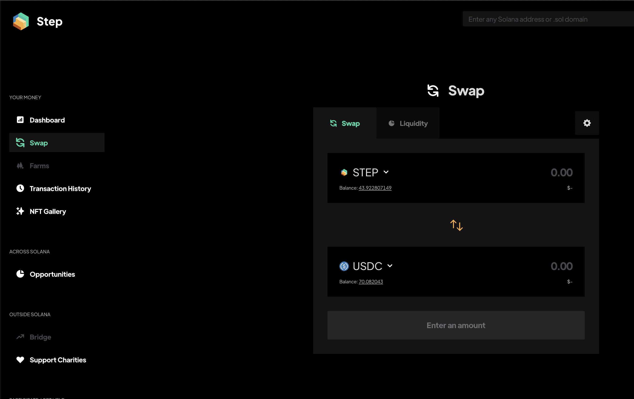 Interfaz de Swaps disponible en StepFinance - Bit2Me Academy