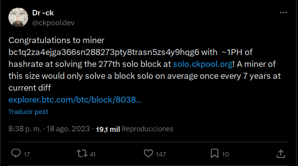 Con Kolivas anunciando que uno de los solo miners de su pool ha ganado un bloque - Bit2Me Academy