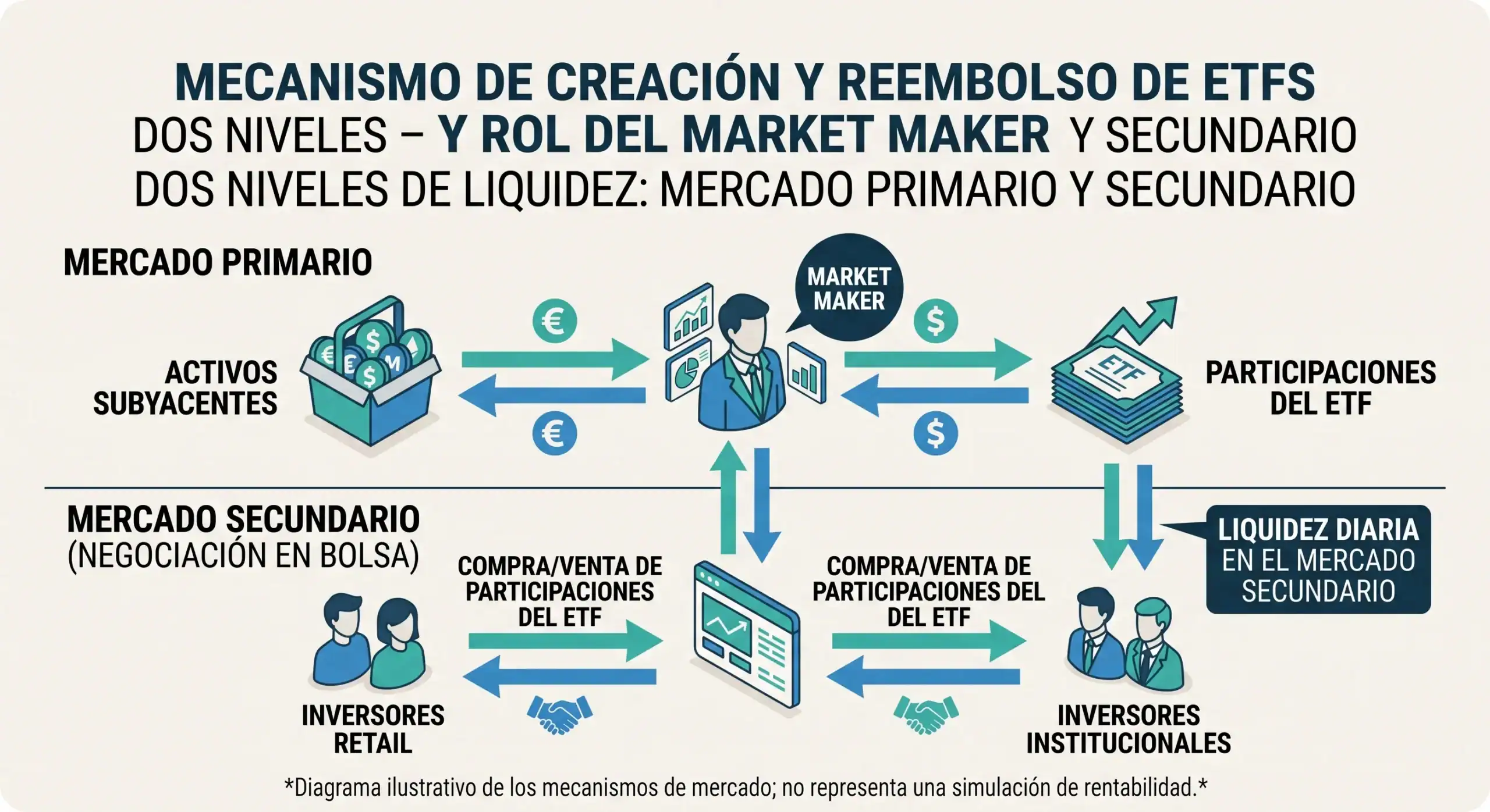 mecanismo-creacion-etf-market-bit2me-academy Diagrama del mecanismo de creación y reembolso de participaciones de un ETF con el Market Maker - Bit2Me Academy