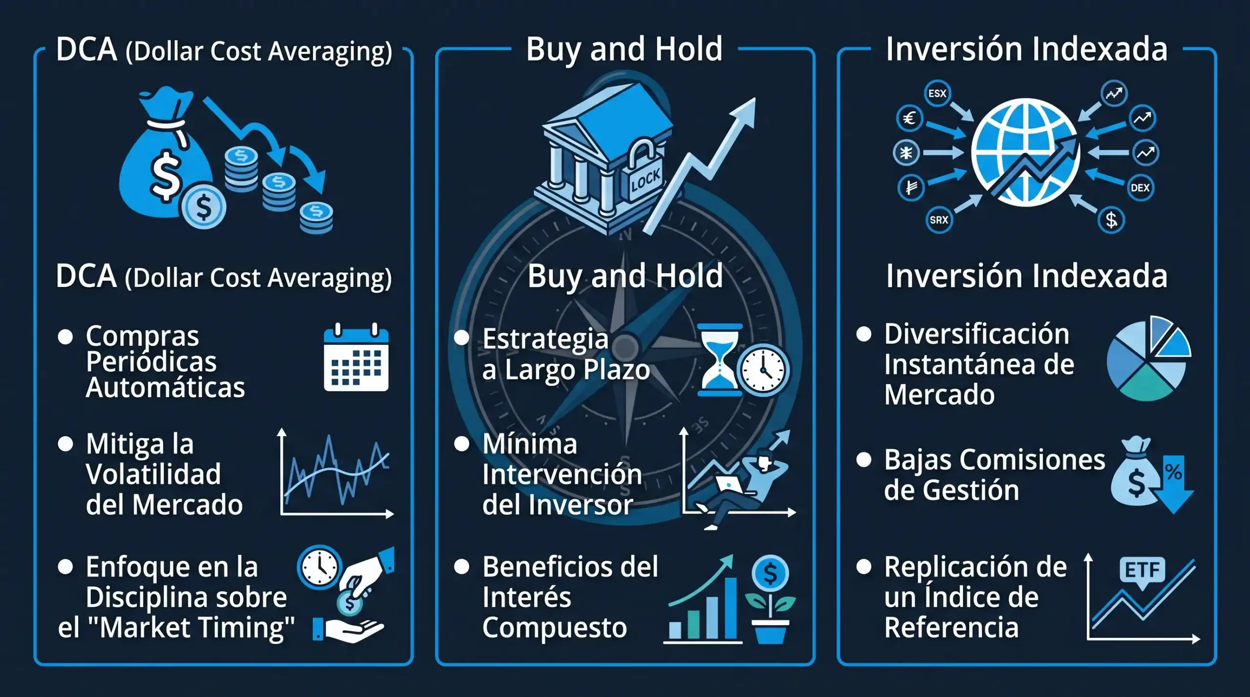 Diagrama comparativo de las tres estrategias (DCA, buy and hold, indexación) con sus características clave - Bit2Me Academy