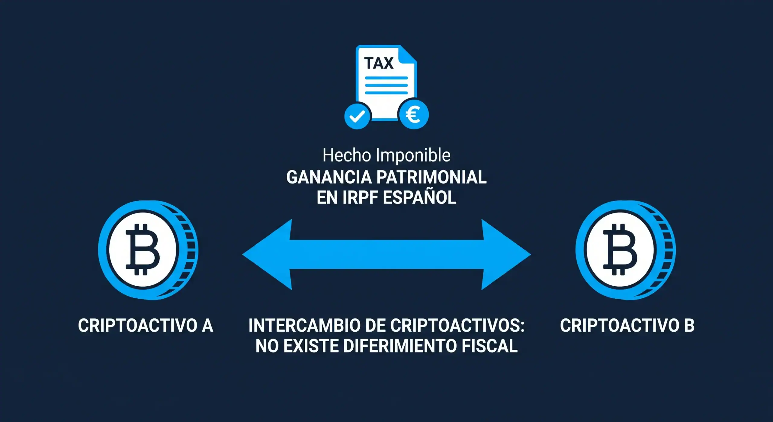 hecho-imponible-hacienda-bit2me-academy Ilustración que muestra cómo el intercambio entre dos criptoactivos genera un hecho imponible en el IRPF, para reforzar visualmente la idea de que no existe diferimiento fiscal en cripto. - Bit2Me Academy