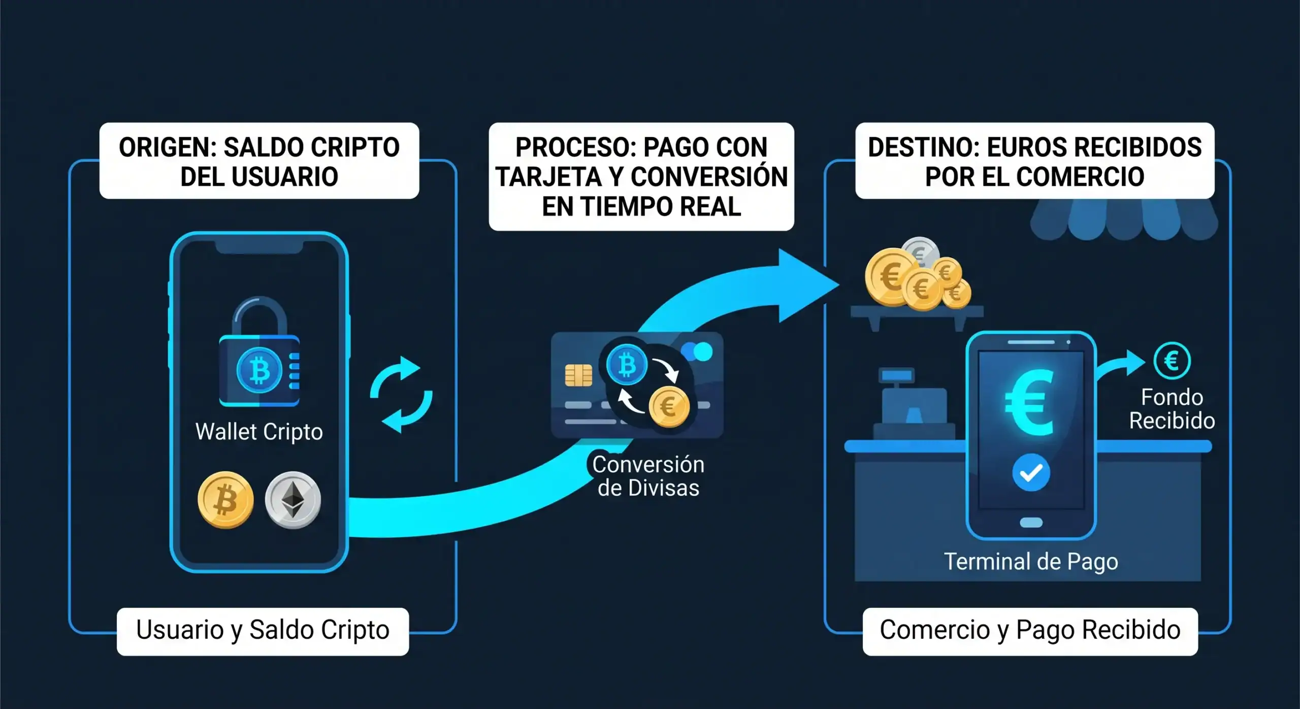separacion-card-bit2me-academy Ilustración de cómo el pago con tarjeta cripto separa el saldo cripto del usuario y los euros del comercio - Bit2Me Academy