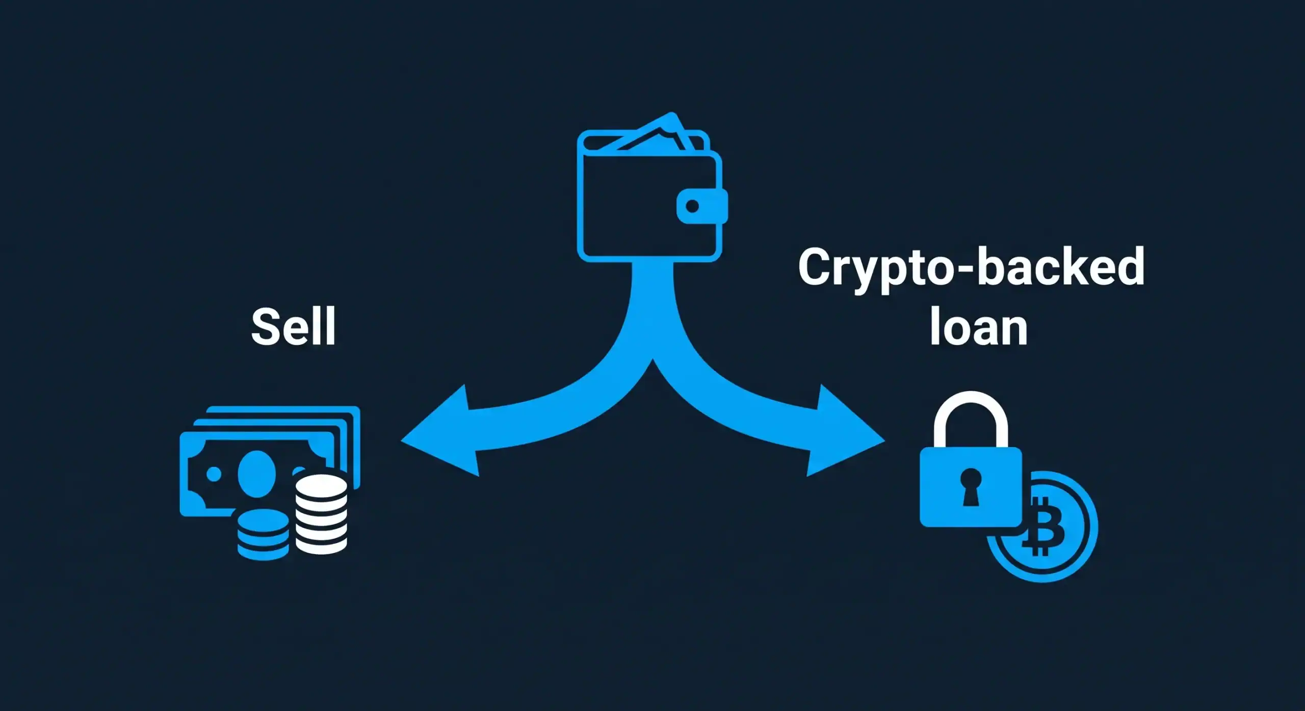 vender-laon-crypto-bit2me-academy Ilustración de dos caminos que representan la decisión entre vender criptoactivos o pedir un préstamo cripto - Bit2Me Academy