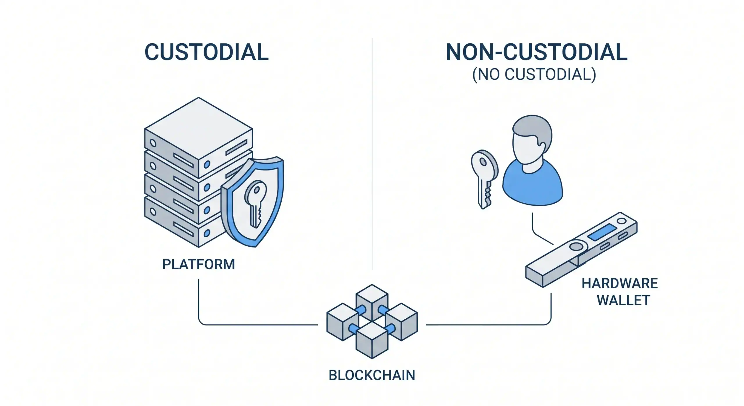 wallet-custodial-non-custodial-bit2me-academy Comparación visual de quién controla la clave privada en una wallet custodial y en una wallet no custodial - Bit2Me Academy