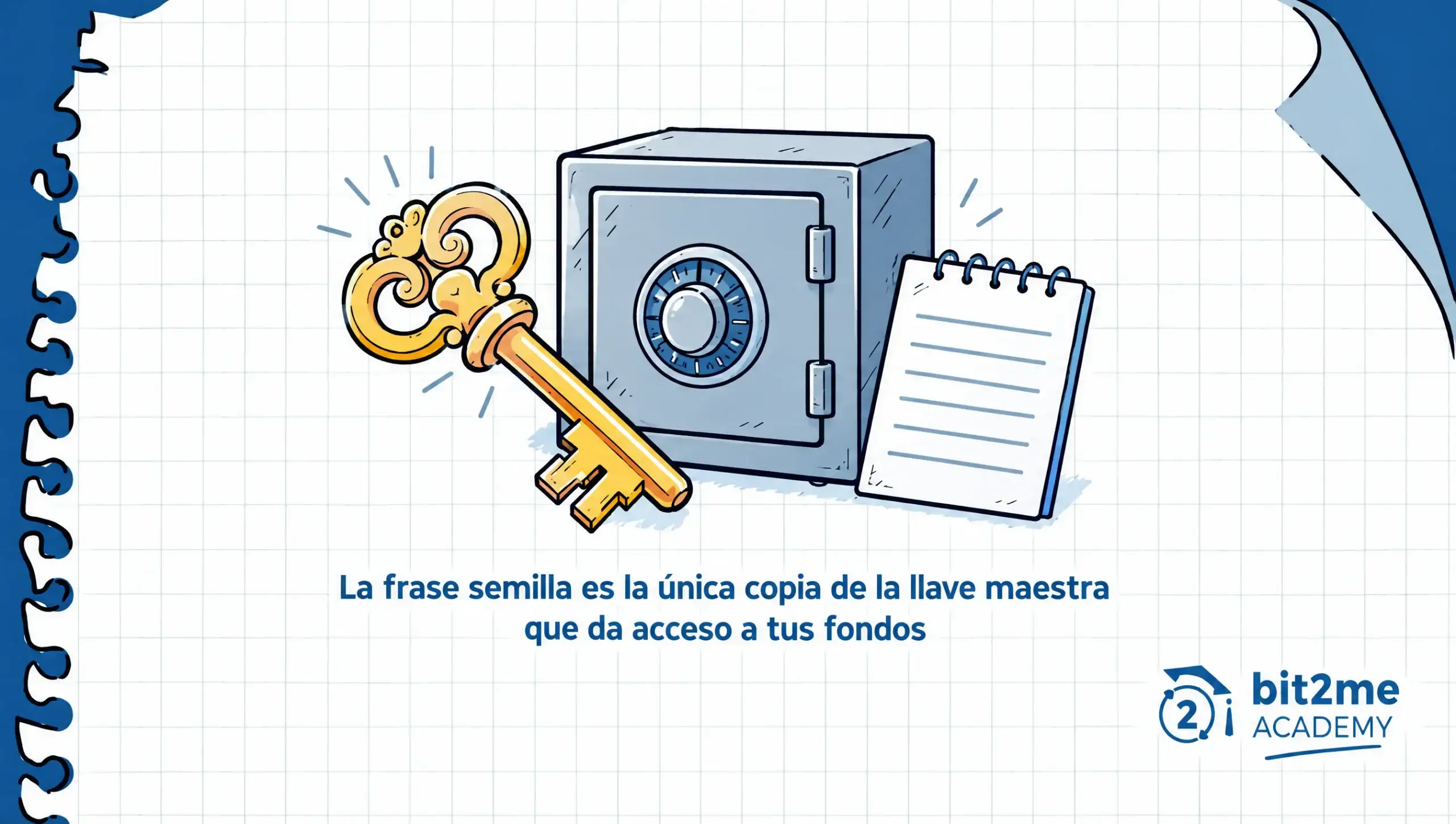Llave maestra, caja fuerte y hoja con palabras que representan la frase semilla Llave maestra, caja fuerte y hoja con palabras que representan la frase semilla